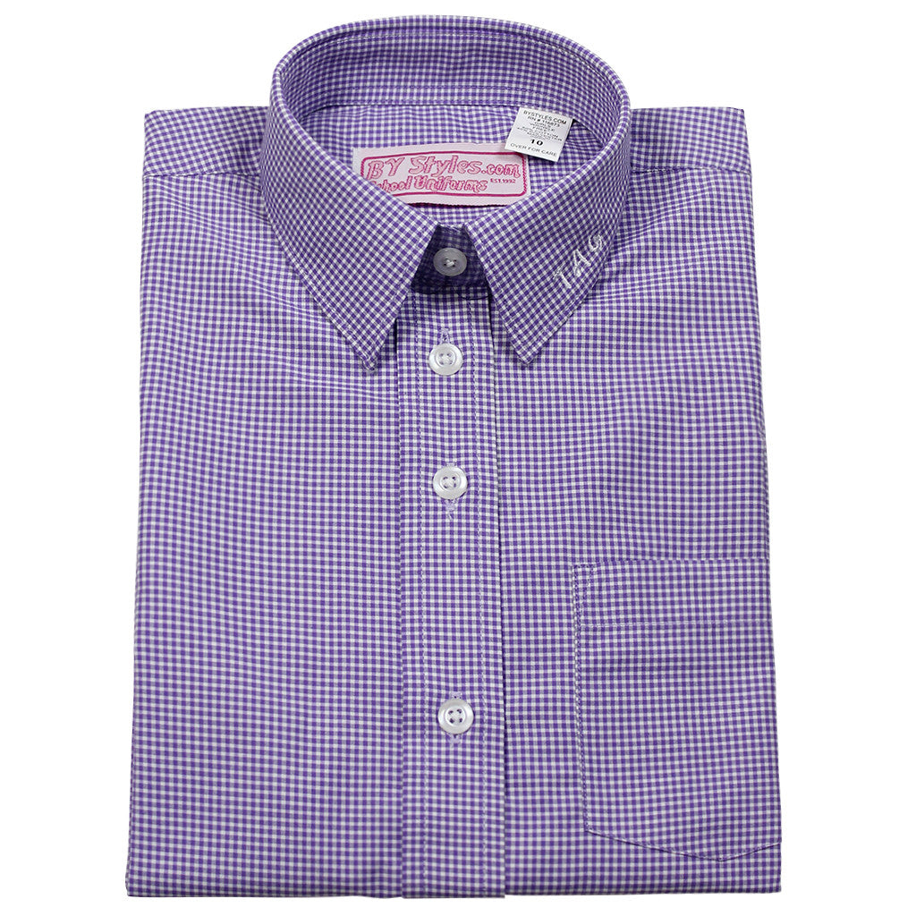Girls Purple and White Gingham Blouse-Round Hem - By Style