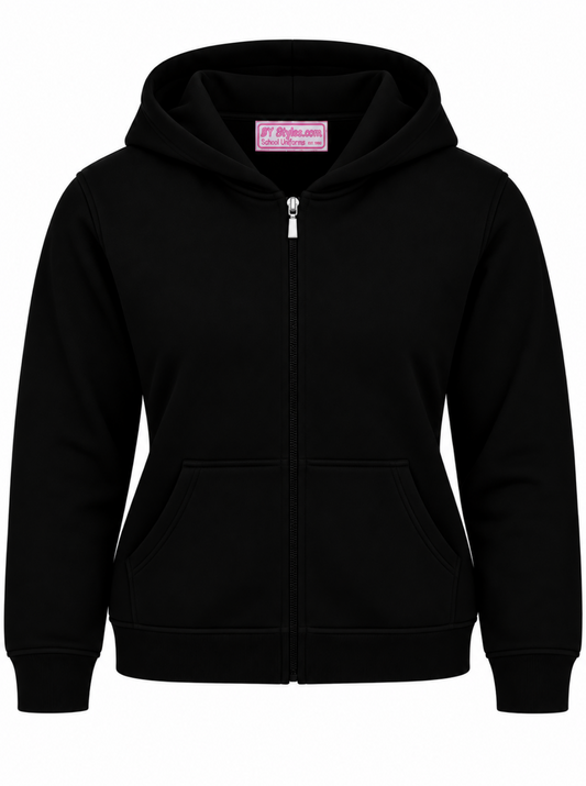 Black Cotton Fleece Zip Up Hooded Sweatshirt