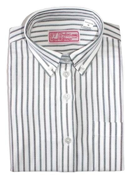 Navy Green White Stripe Oxford Modesty Blouse-Round Hem NGWS
