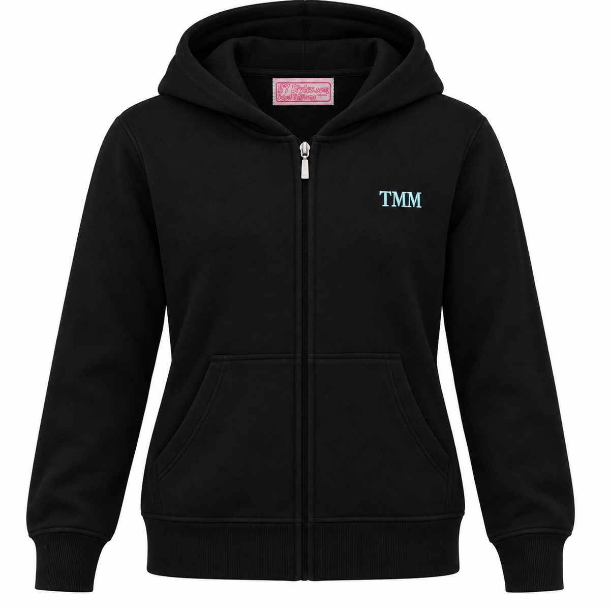 TMM Black Cotton Fleece Zip-Up Hooded Sweatshirt with Embroidered Logo
