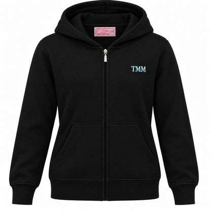 TMM Black Cotton Fleece Zip-Up Hooded Sweatshirt with Embroidered Logo