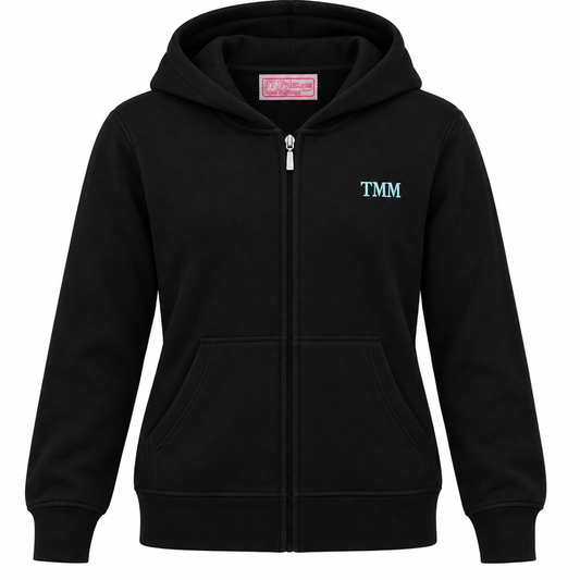 TMM Black Cotton Fleece Zip-Up Hooded Sweatshirt with Embroidered Logo
