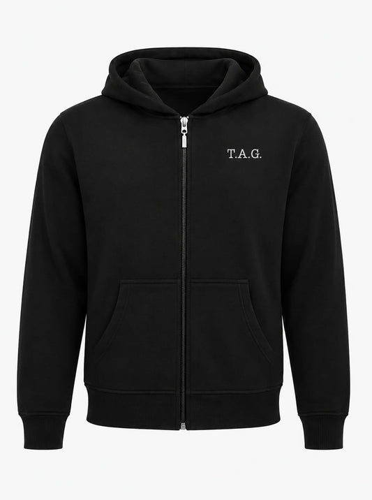 Black Sweatshirt with T.A.G. Logo Cotton Fleece Zip Up Hooded