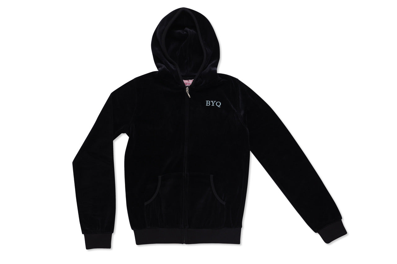 Velour Zip-Up Hooded Sweatshirt Youth Sizes Black With BYQ Logo - By Style