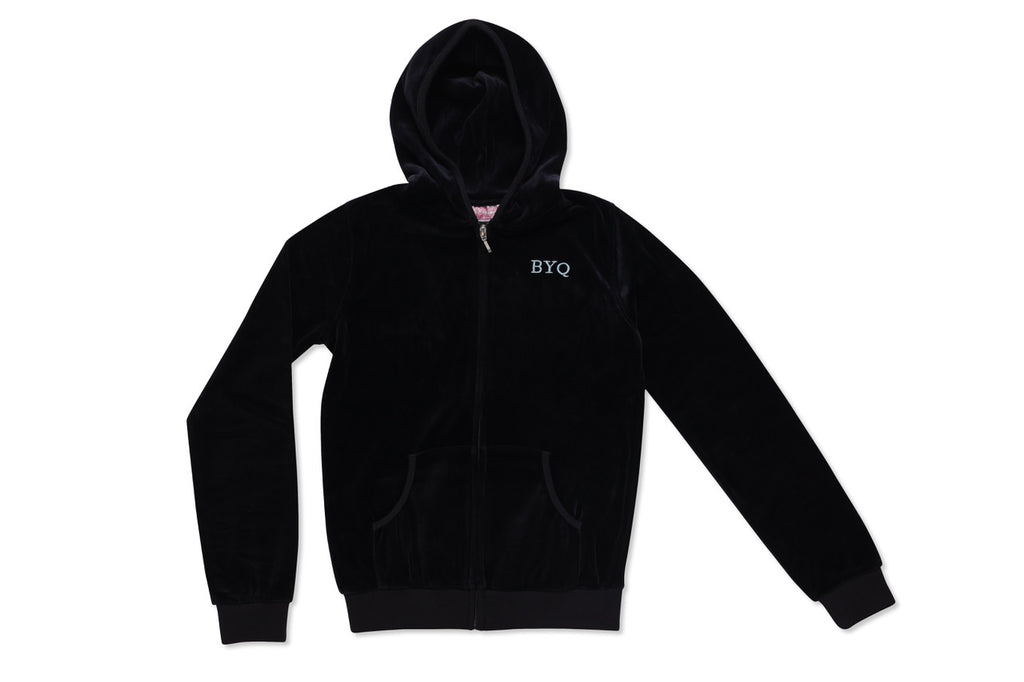 Velour Zip-Up Hooded Sweatshirt Youth Sizes Black With BYQ Logo