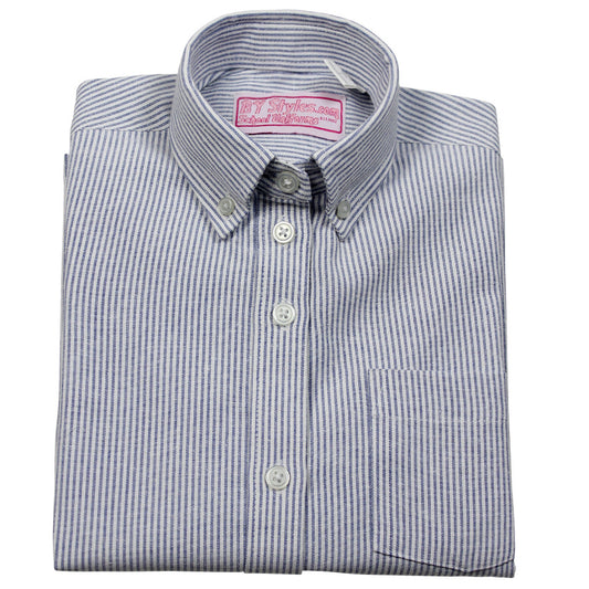 H.S. Navy White Stripe Oxford Blouse- Slim Fit Round Hem - By Style